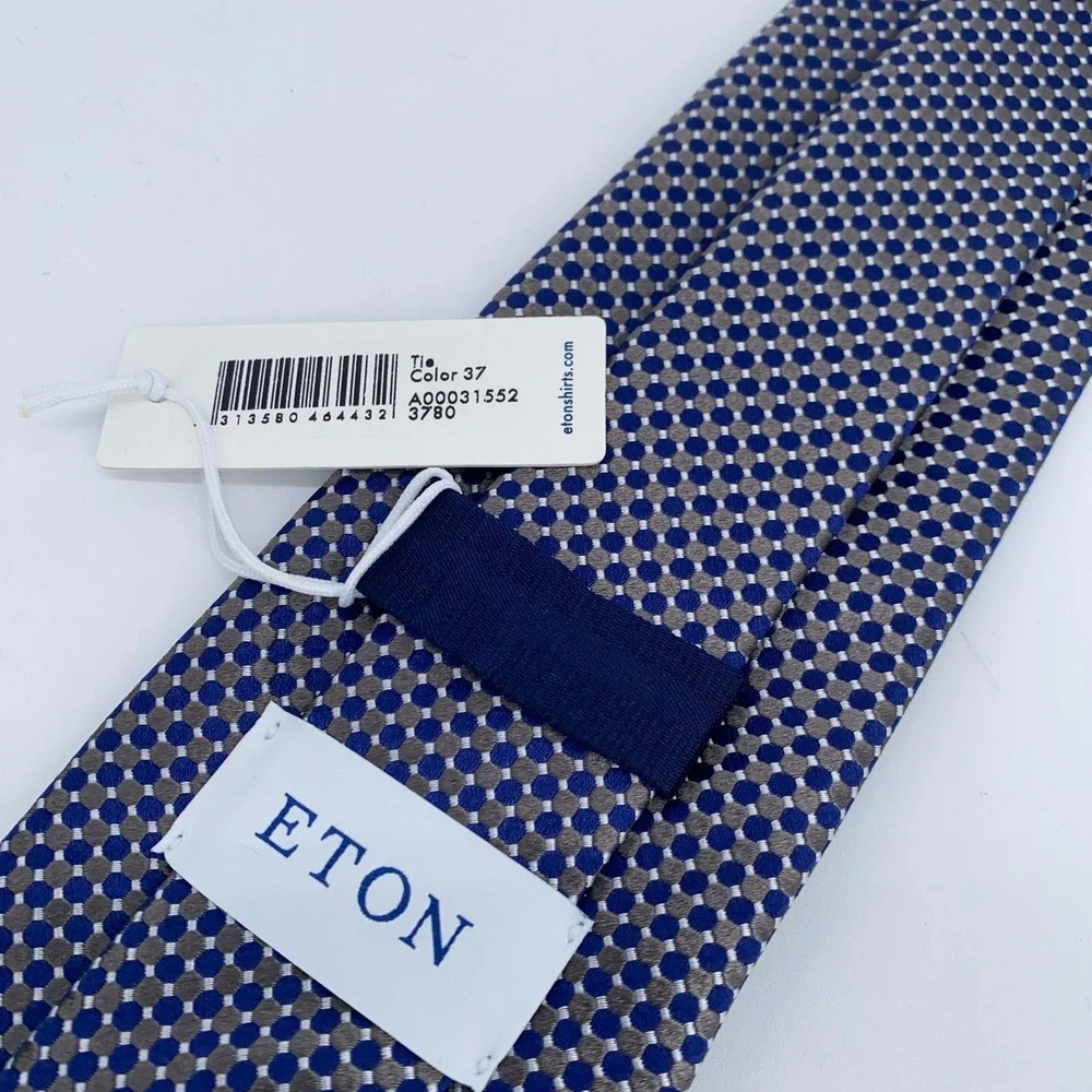 Eton Tie Men One Size Blue Brown Polka Dots Silk Luxury Necktie England Made NWT